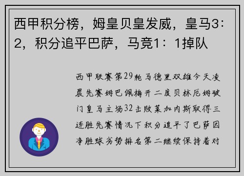 西甲积分榜，姆皇贝皇发威，皇马3：2，积分追平巴萨，马竞1：1掉队